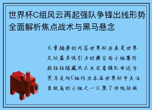 世界杯C组风云再起强队争锋出线形势全面解析焦点战术与黑马悬念