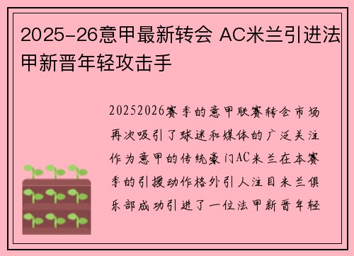 2025-26意甲最新转会 AC米兰引进法甲新晋年轻攻击手